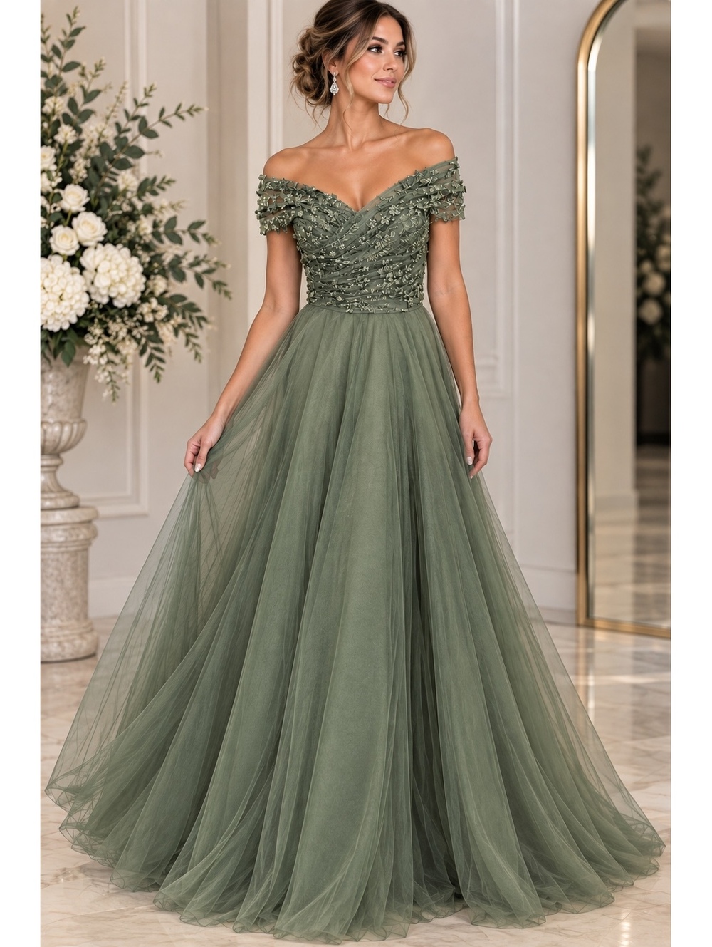 Nicoletta Steel Green Off-Shoulder Embellished Evening Gown US 2